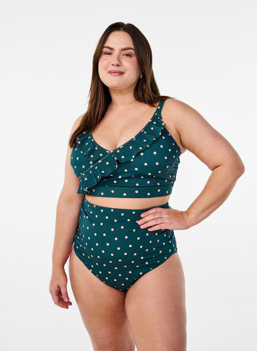 Haut de bikini à fleurs et à détails de jabot, Vert foncé, Image image number 0