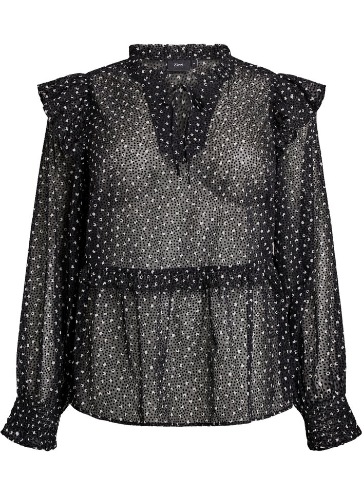 Blouse en mousseline à petits pois avec volants, Noir, Packshot image number 0