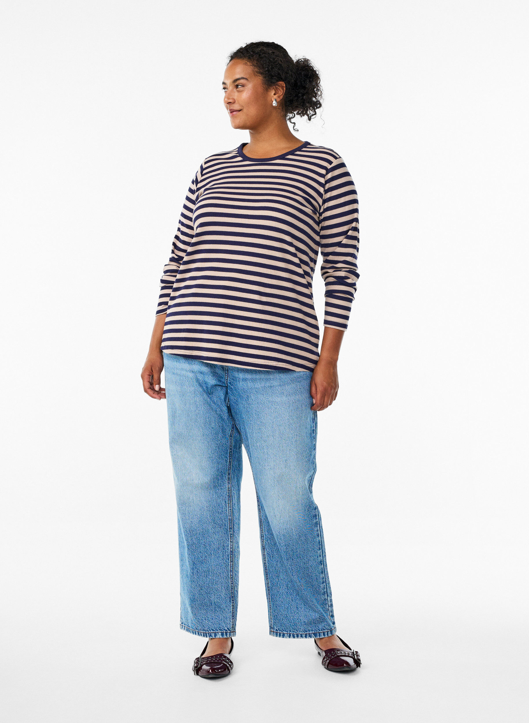 Zizzi Chemisier &agrave; rayures et &agrave; manches longues, Beige, Model image number 1