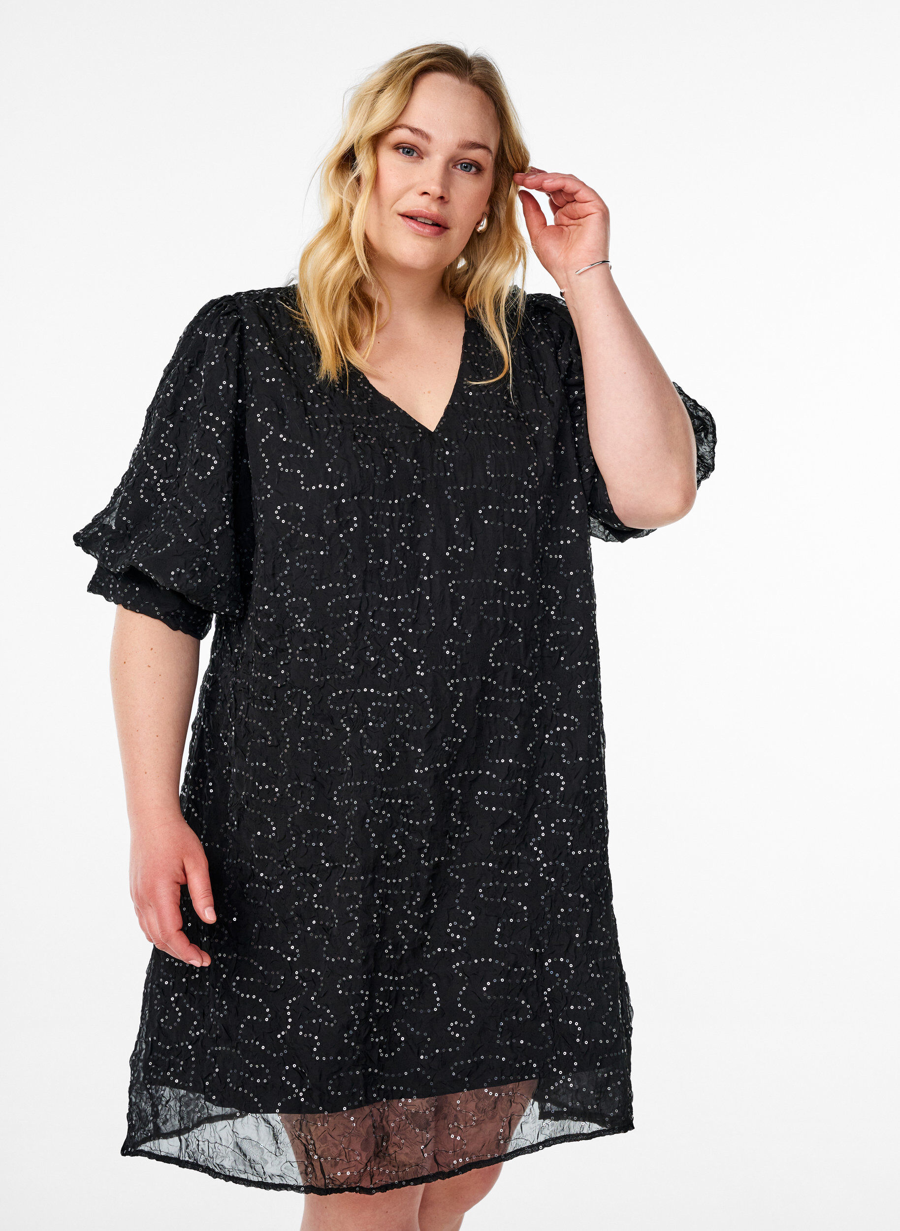 Zizzi Robe de soir&eacute;e courte &agrave; paillettes, Noir, Model image number 0