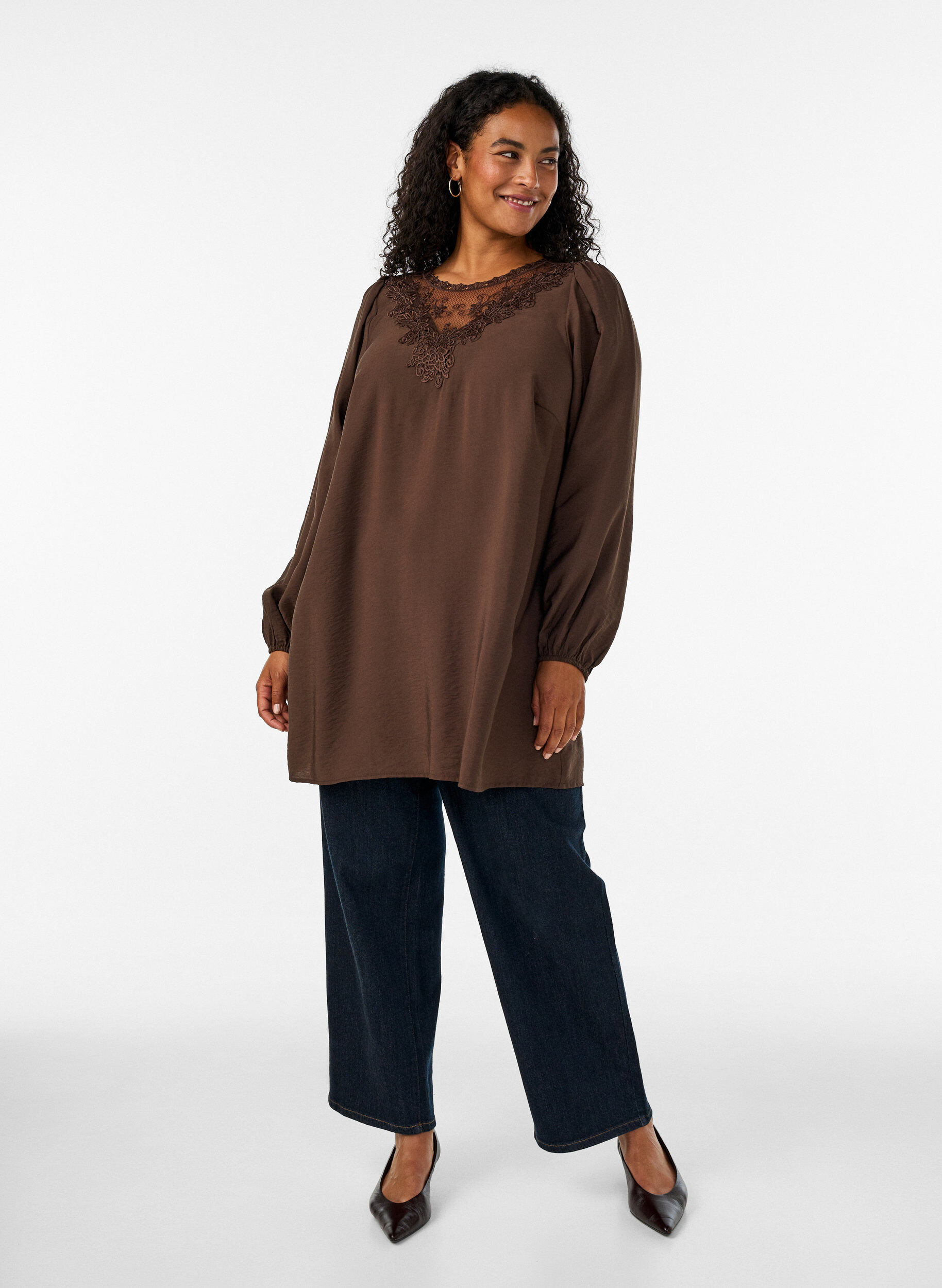 ZizziTunique en viscose avec dentelle, Marron, Model image number 1