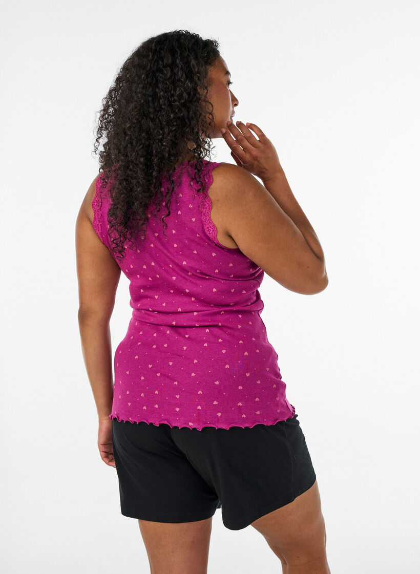 Top avec imprim&eacute; et bord en dentelle, Violet, Model image number 2