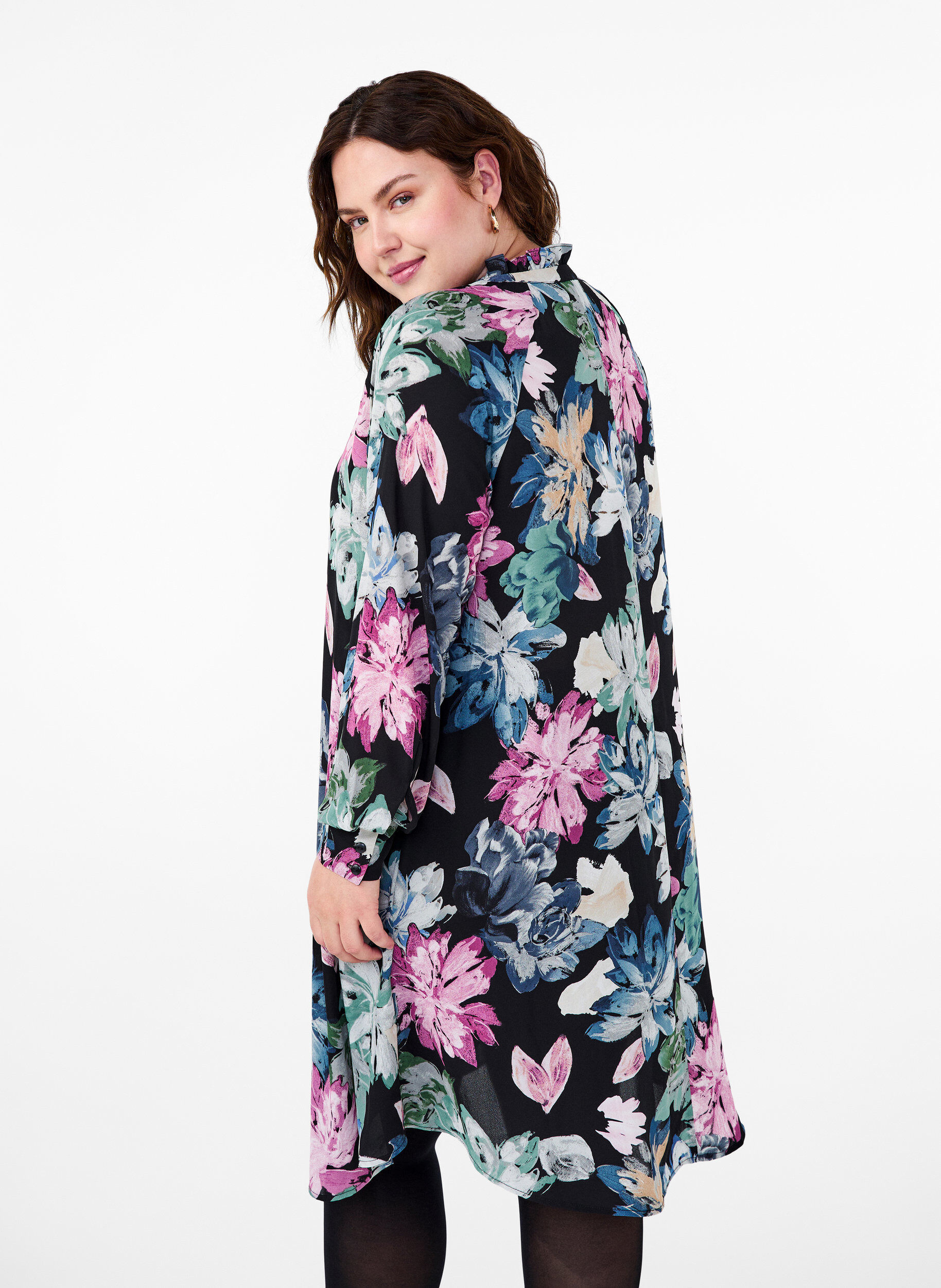 Zizzi Robe &agrave; manches longues avec imprim&eacute; floral, Rose Flower AOP, Model image number 1