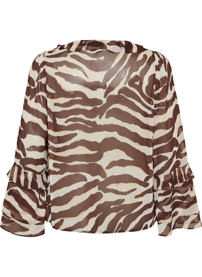 Blouse en mousseline avec imprim&eacute; z&egrave;bre et volants, Marron, Packshot image number 1