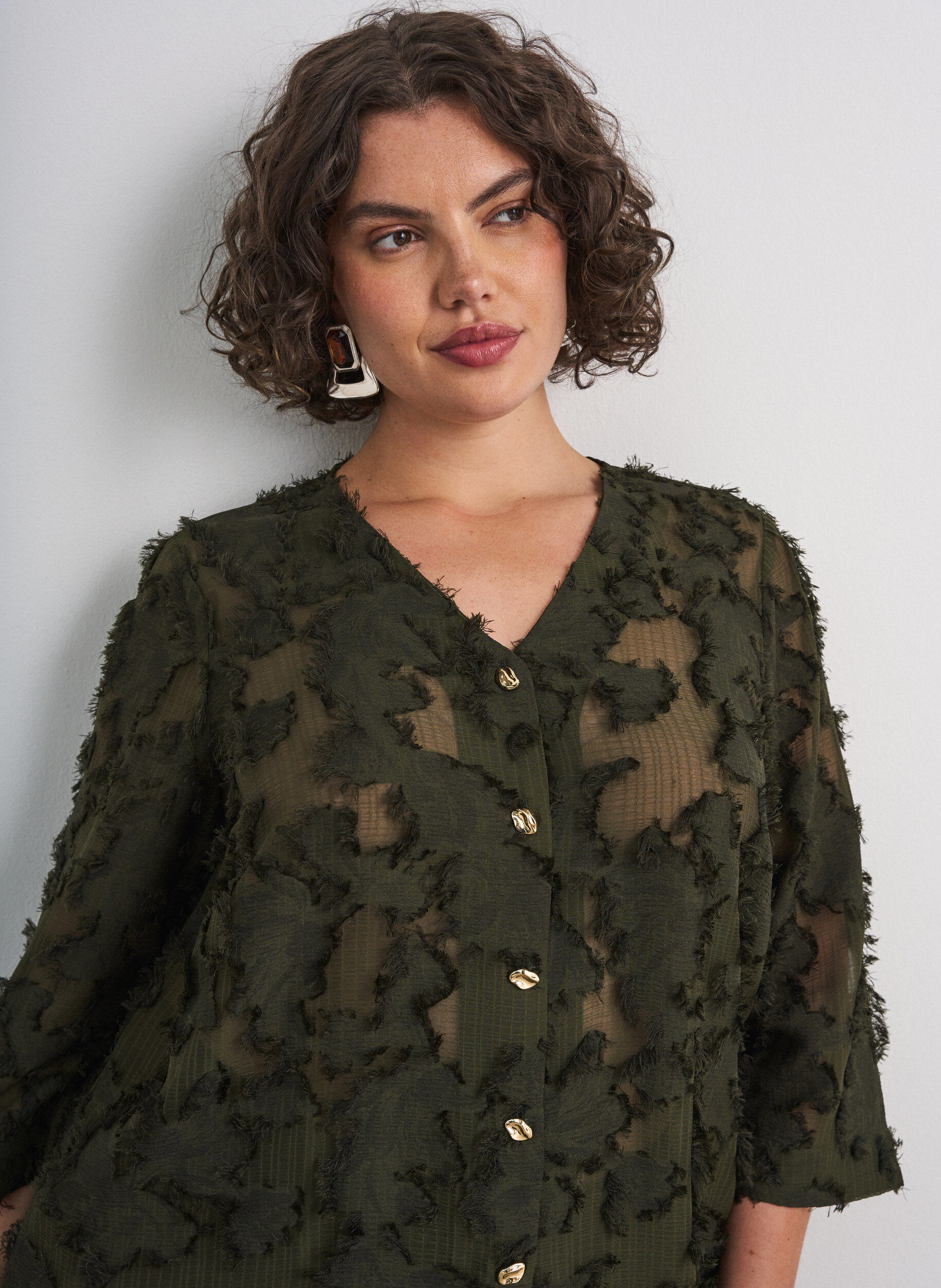 ZizziBlouse textur&eacute;e avec fils effiloch&eacute;s, Vert fonc&eacute;, Model image number 3
