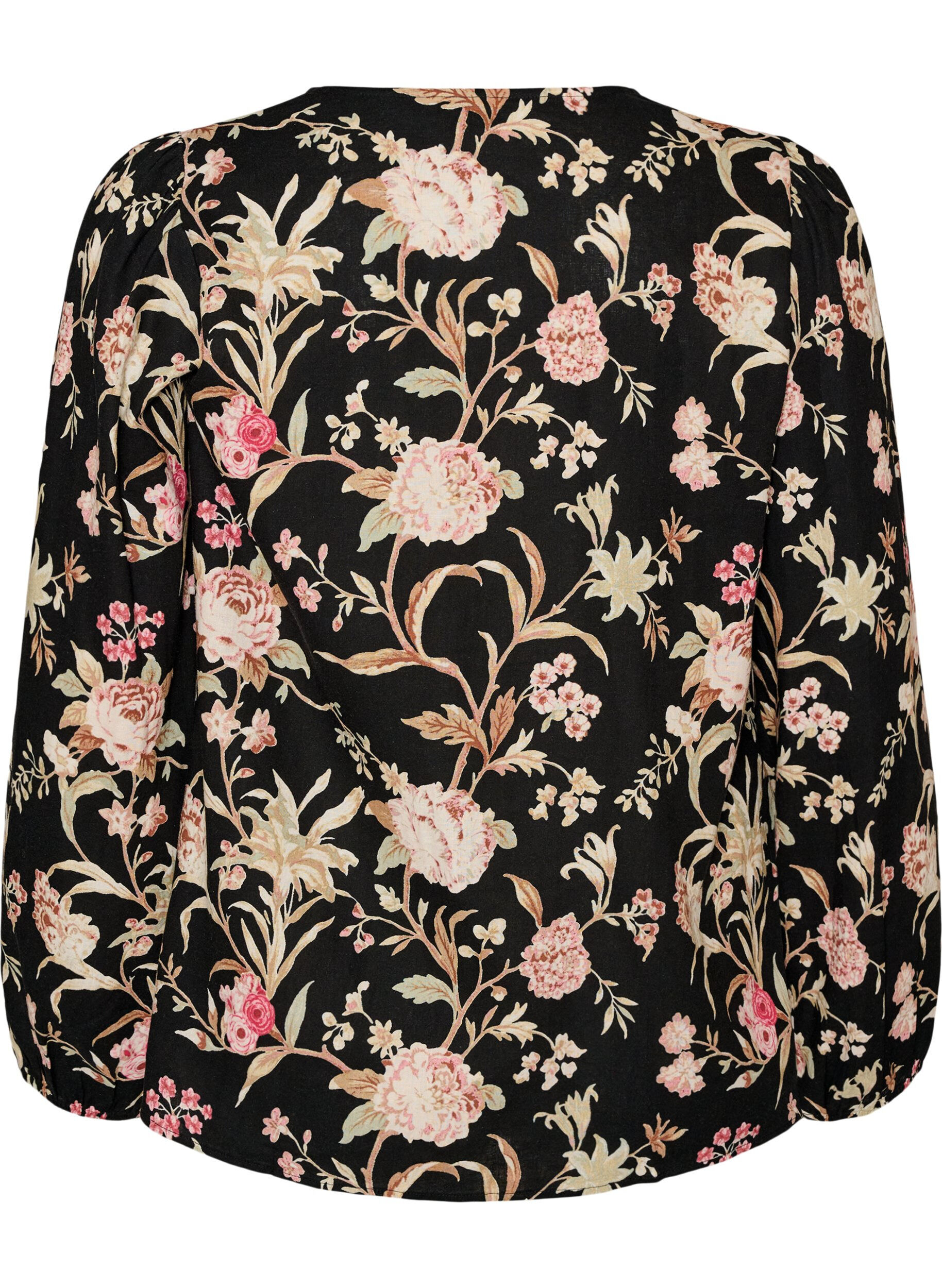 ZizziBlouse fleurie en lin et viscose &agrave; manches longues, Noir, Packshot image number 1