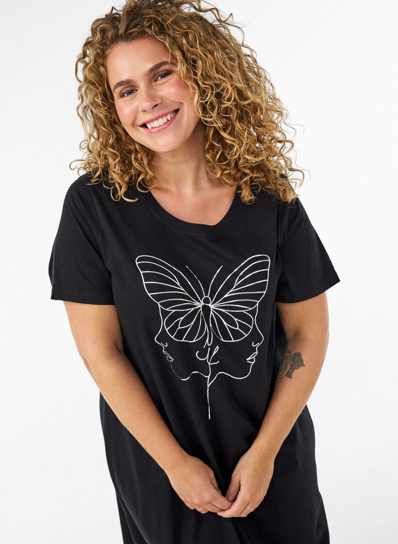 Chemise de nuit midi en coton biologique, Noir, Model image number 2