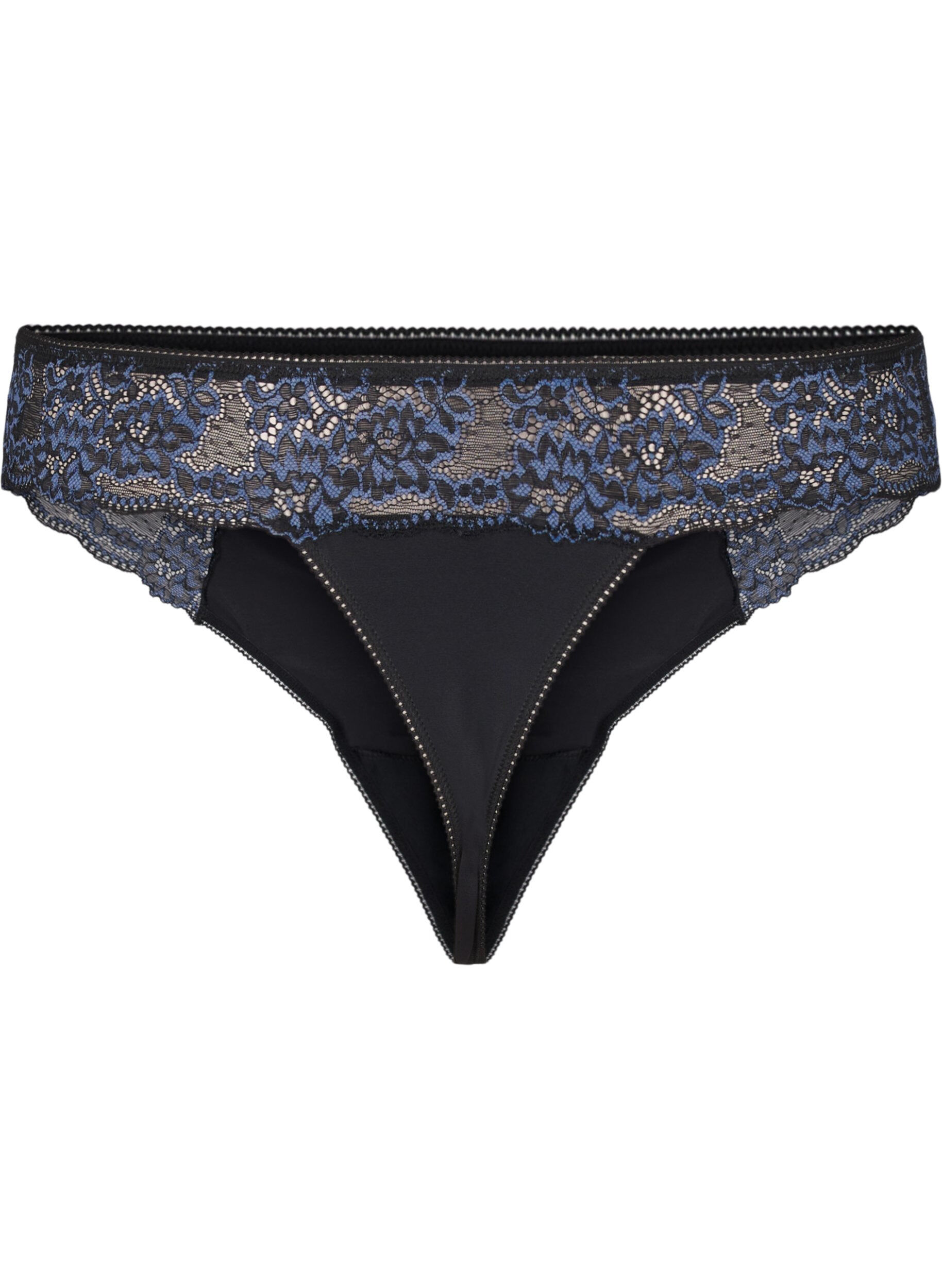 Zizzi String microfibre avec dentelle, Black w Blue, Packshot image number 1