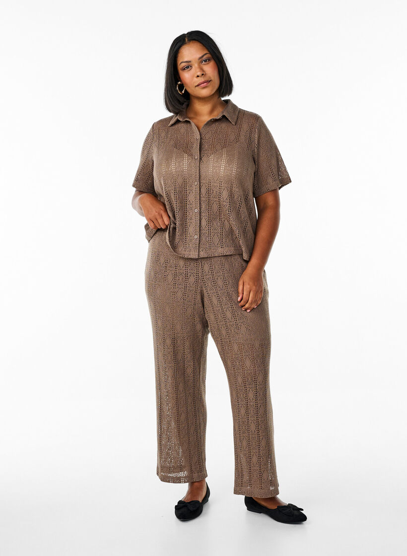 Chemise à manches courtes avec motif ajouré, Marron, Model image number 1