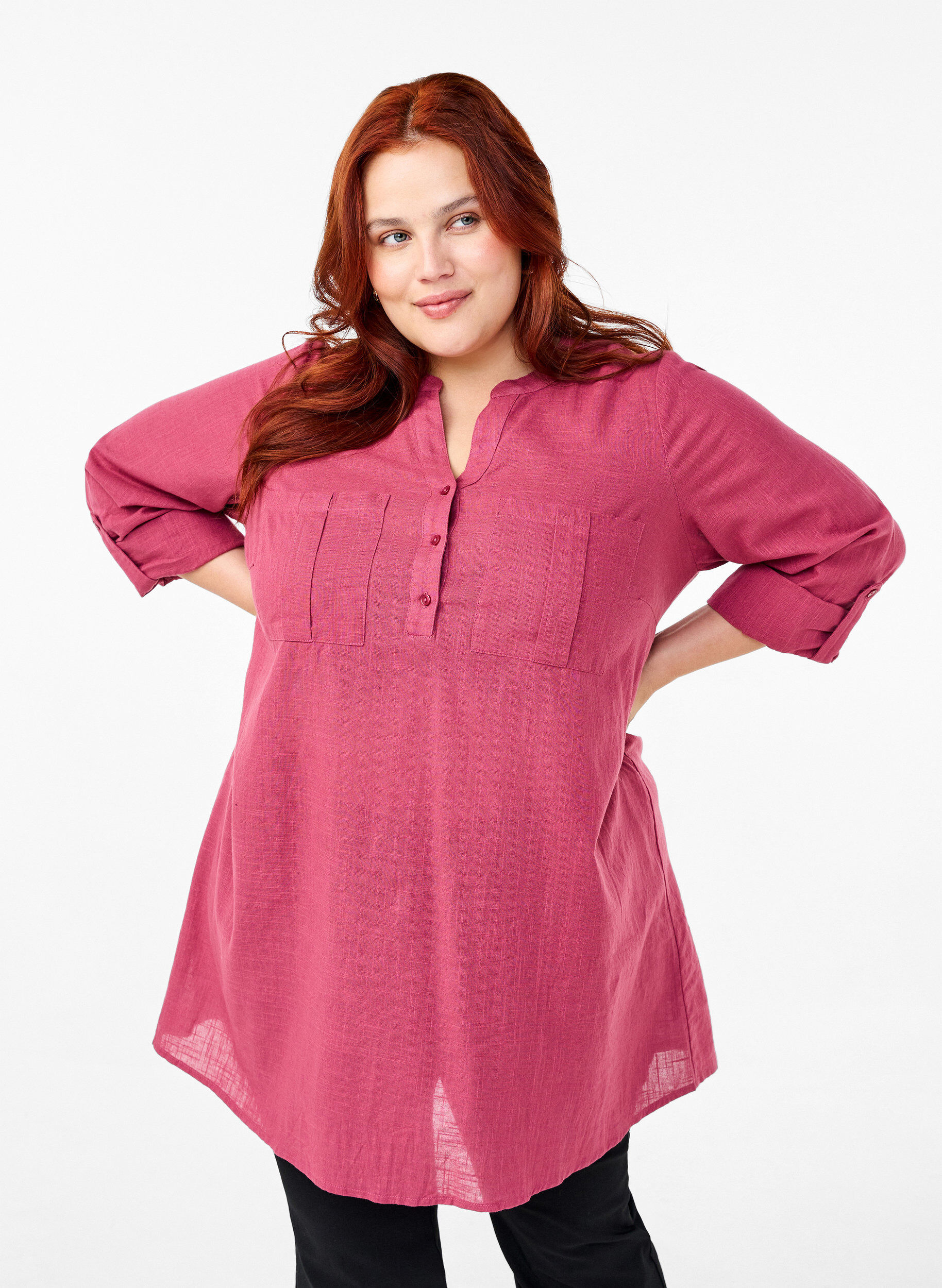 Zizzi Tunique en coton &agrave; manches 3/4, Malaga, Model image number 0