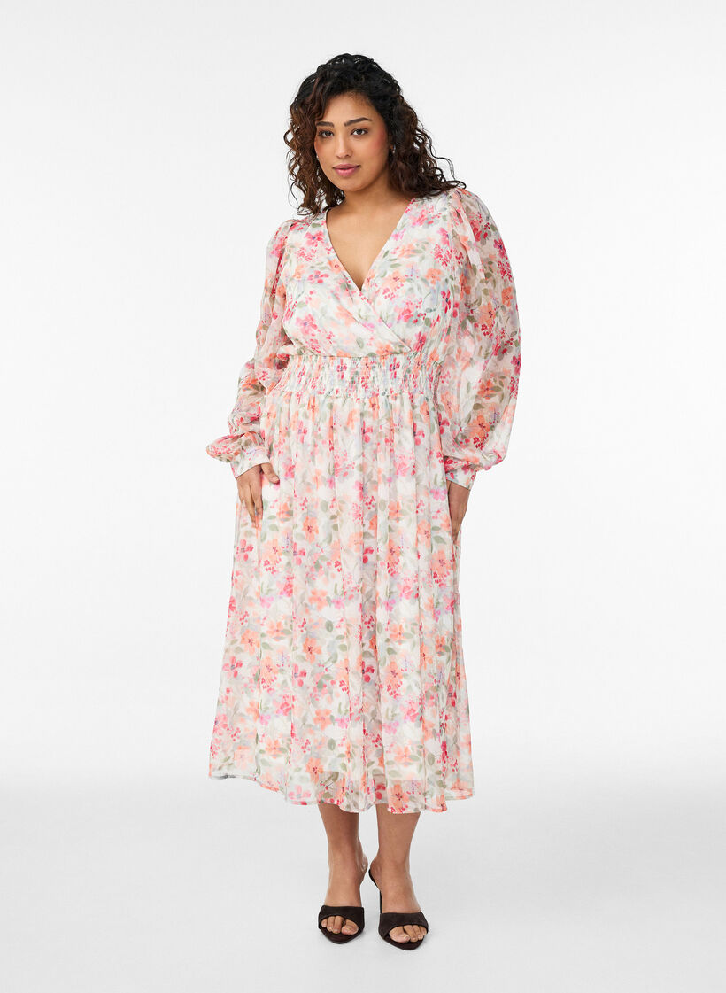 Robe midi fleurie avec effet portefeuille et smocks, Orange clair, Model image number 0