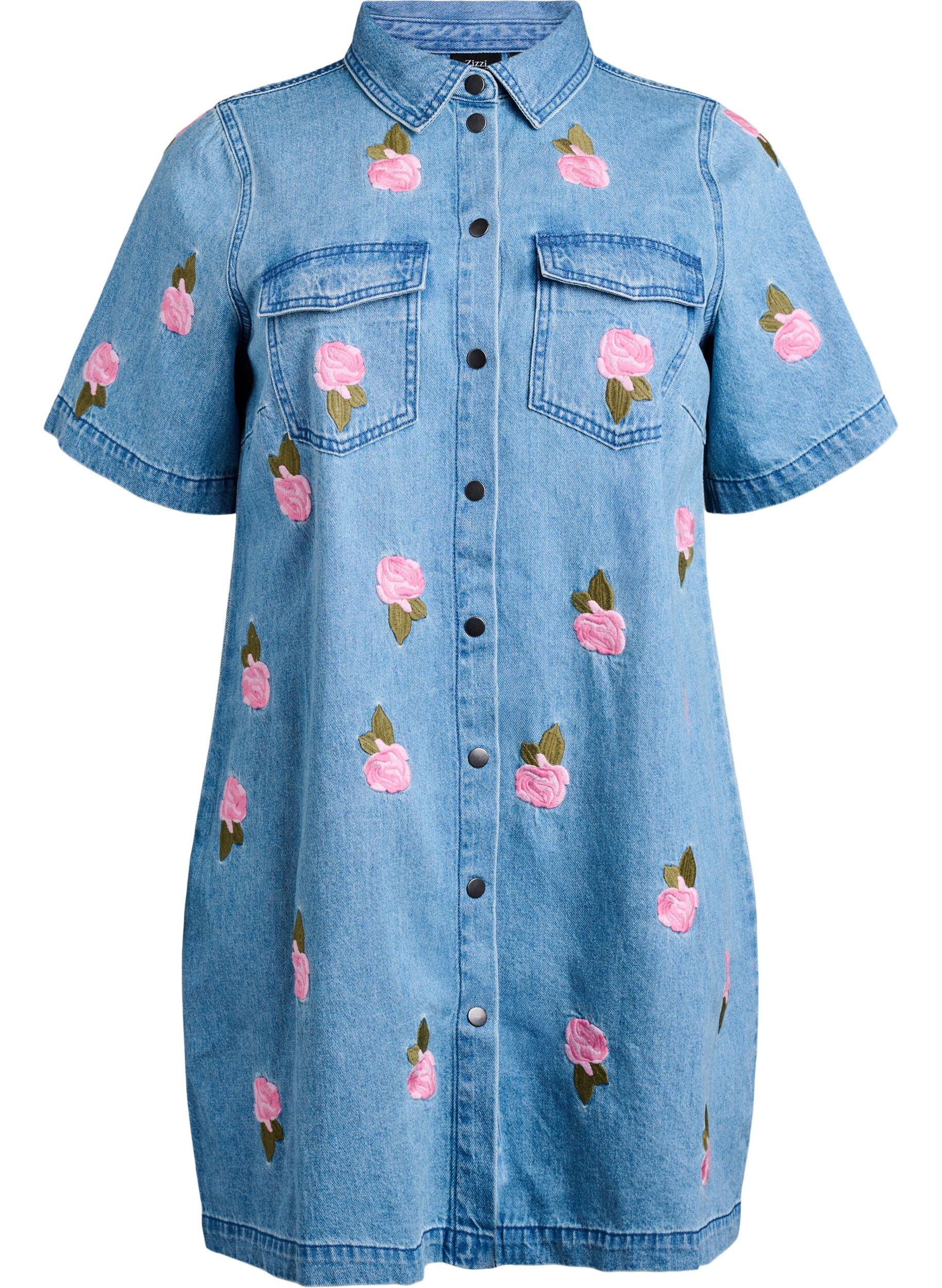 Zizzi Robe courte en denim avec broderies florales, Bleu Clair, Packshot image number 0