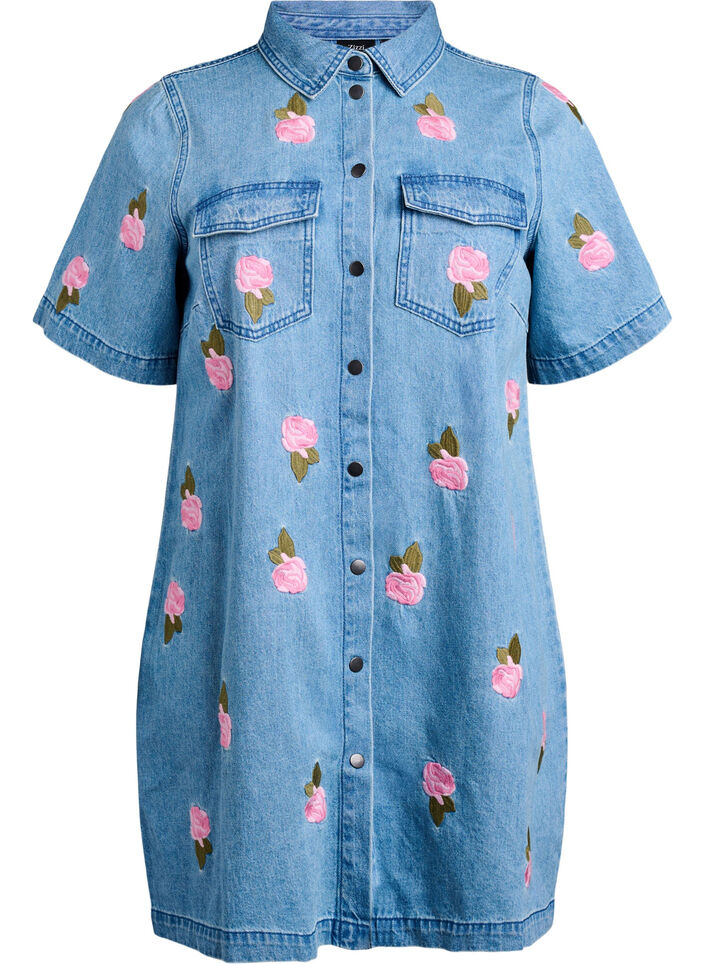 Robe courte en denim avec broderies florales, Bleu Clair, Packshot image number 0