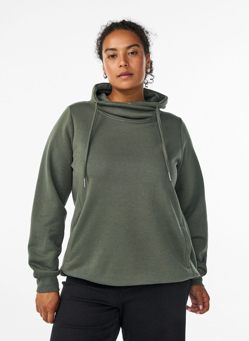 Sweat &agrave; col montant et poches, Vert, Model image number 0