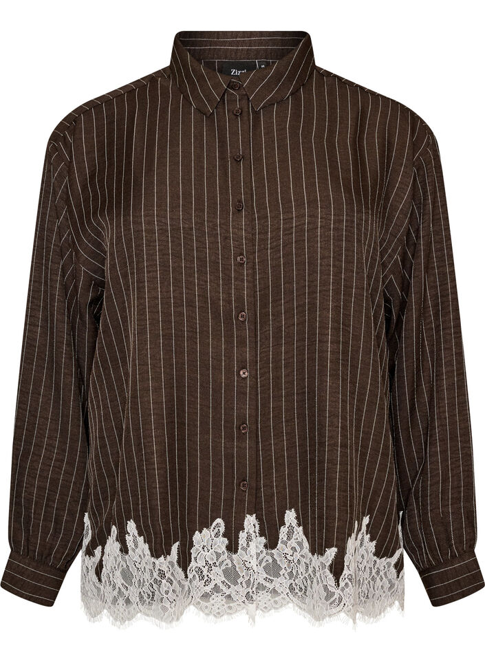 Chemise &agrave; fines rayures avec finitions en dentelle, Marron, Packshot image number 0