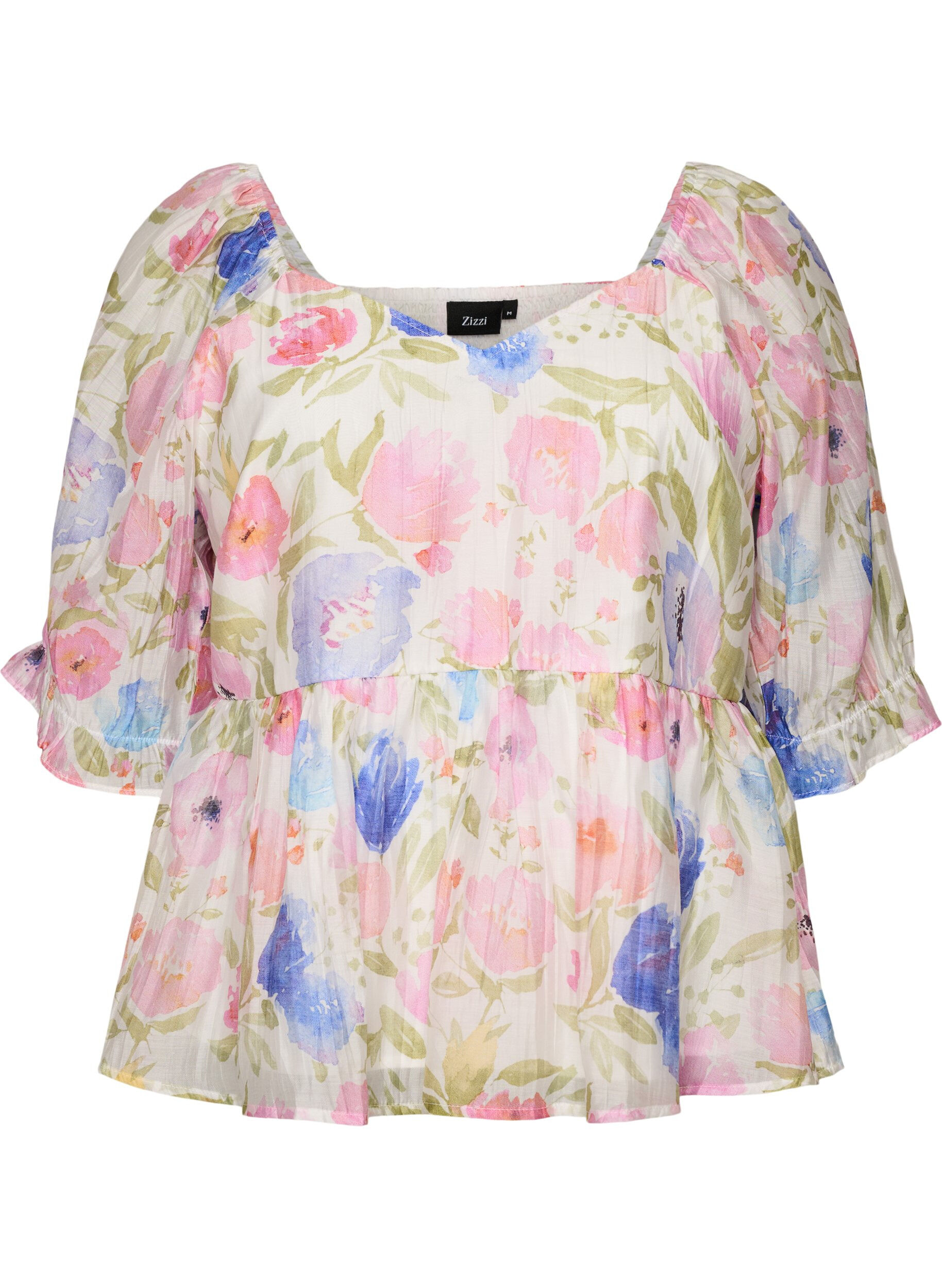 Zizzi Blouse en lyocell &agrave; imprim&eacute; floral et d&eacute;collet&eacute; en c&oelig;ur, Blanc, Packshot image number 0