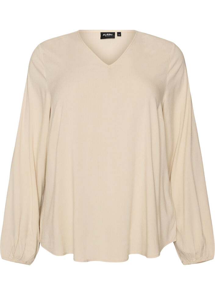Blouse en viscose avec col en V et ourlet arrondi, Beige, Packshot image number 0