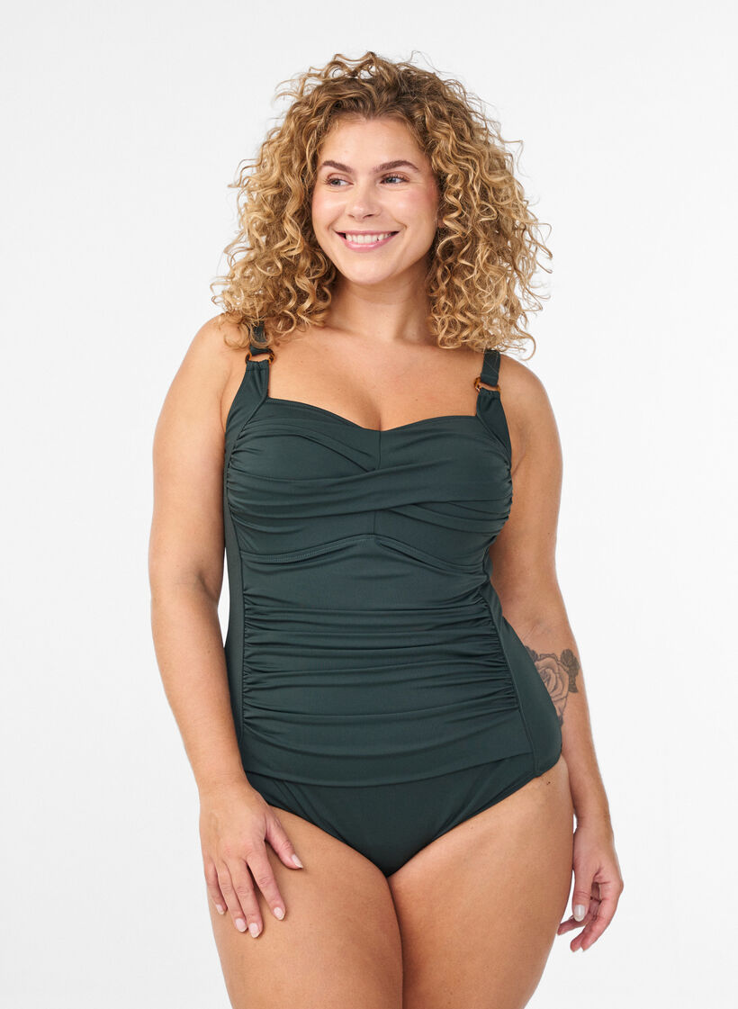 Maillot de bain drap&eacute; avec bonnets rembourr&eacute;s, Vert fonc&eacute;, Model image number 0