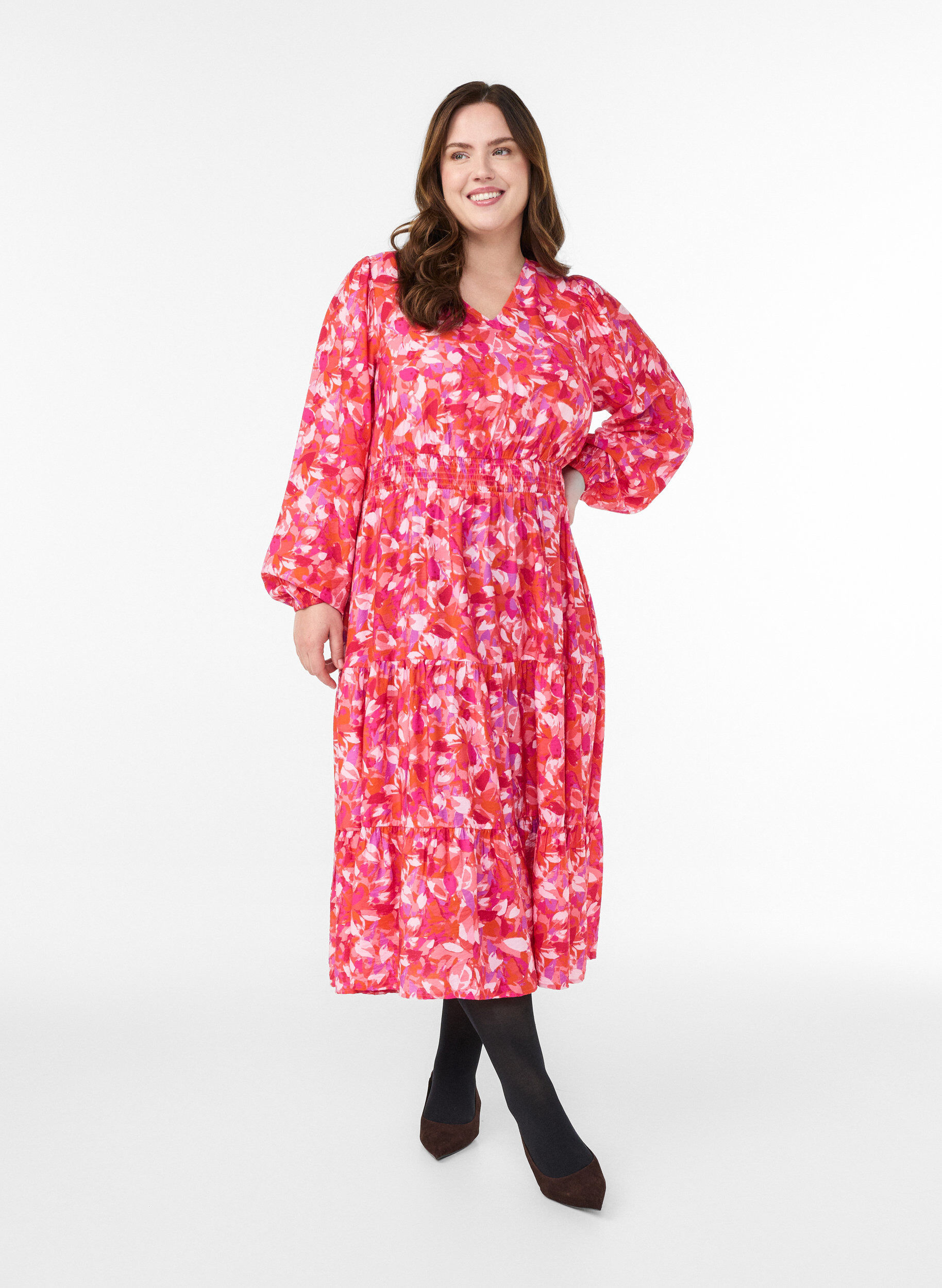 Robe midi &agrave; motif feuillage color&eacute;, Rose, Model