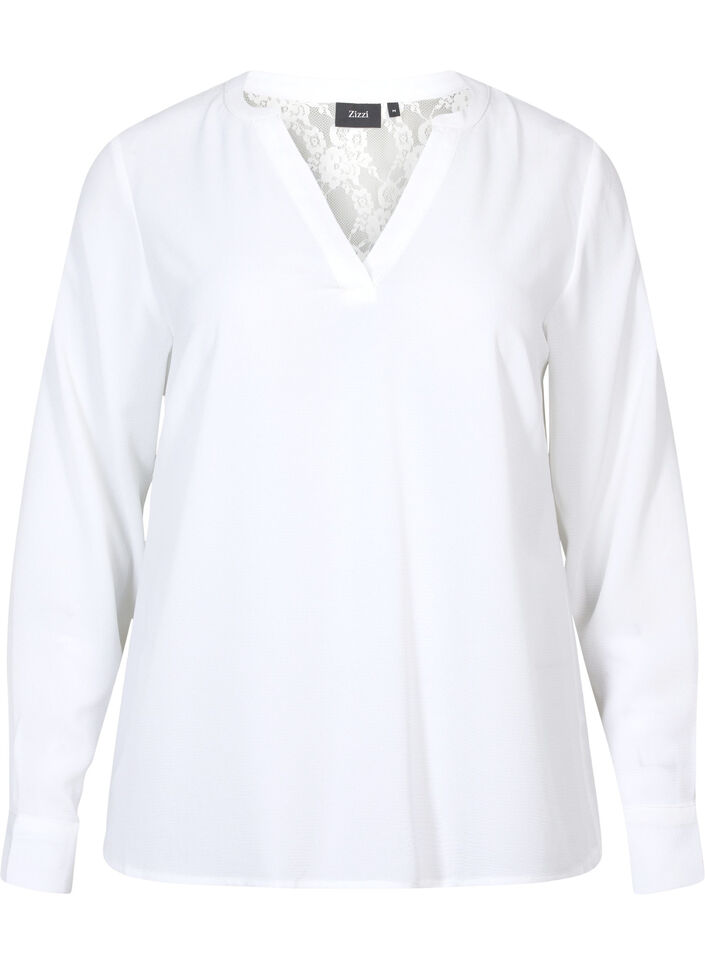 Blouse à manches longues avec détails en dentelle , Bright White, Packshot image number 0