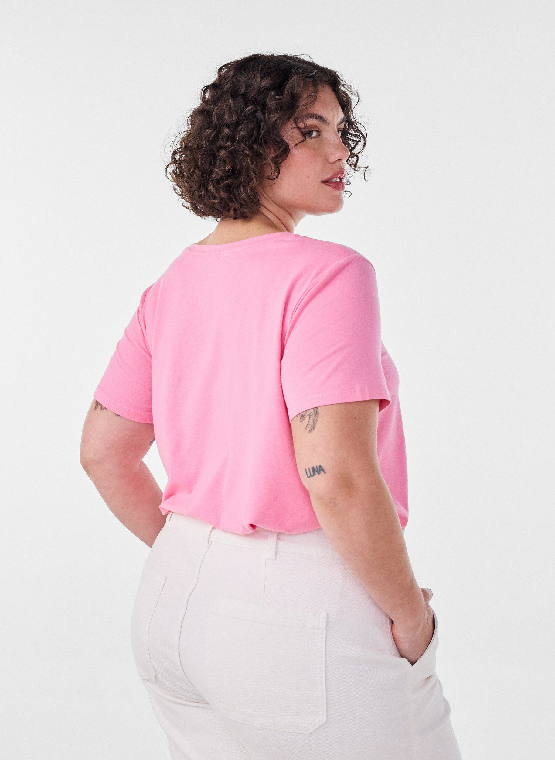 ZizziT-shirt en coton uni basique, Rose, Model image number 2