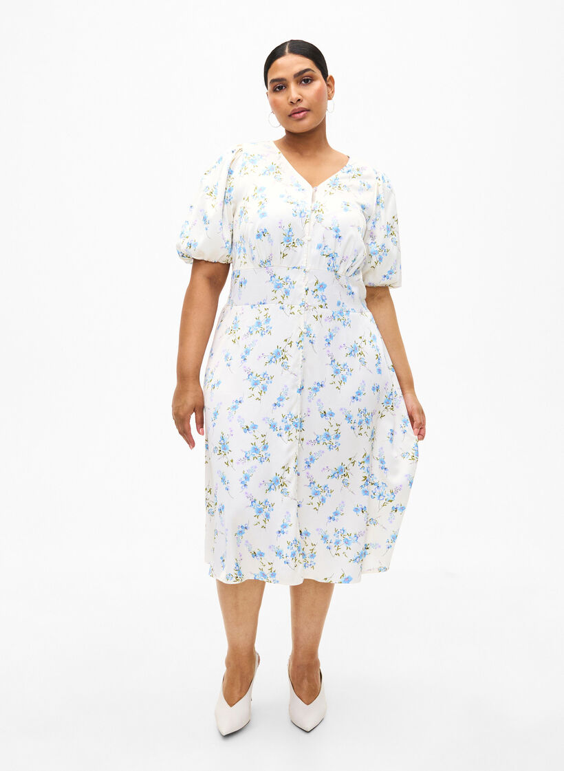 Robe en satin floral avec manches bouffantes, Off White Blue Fl., Model image number 3