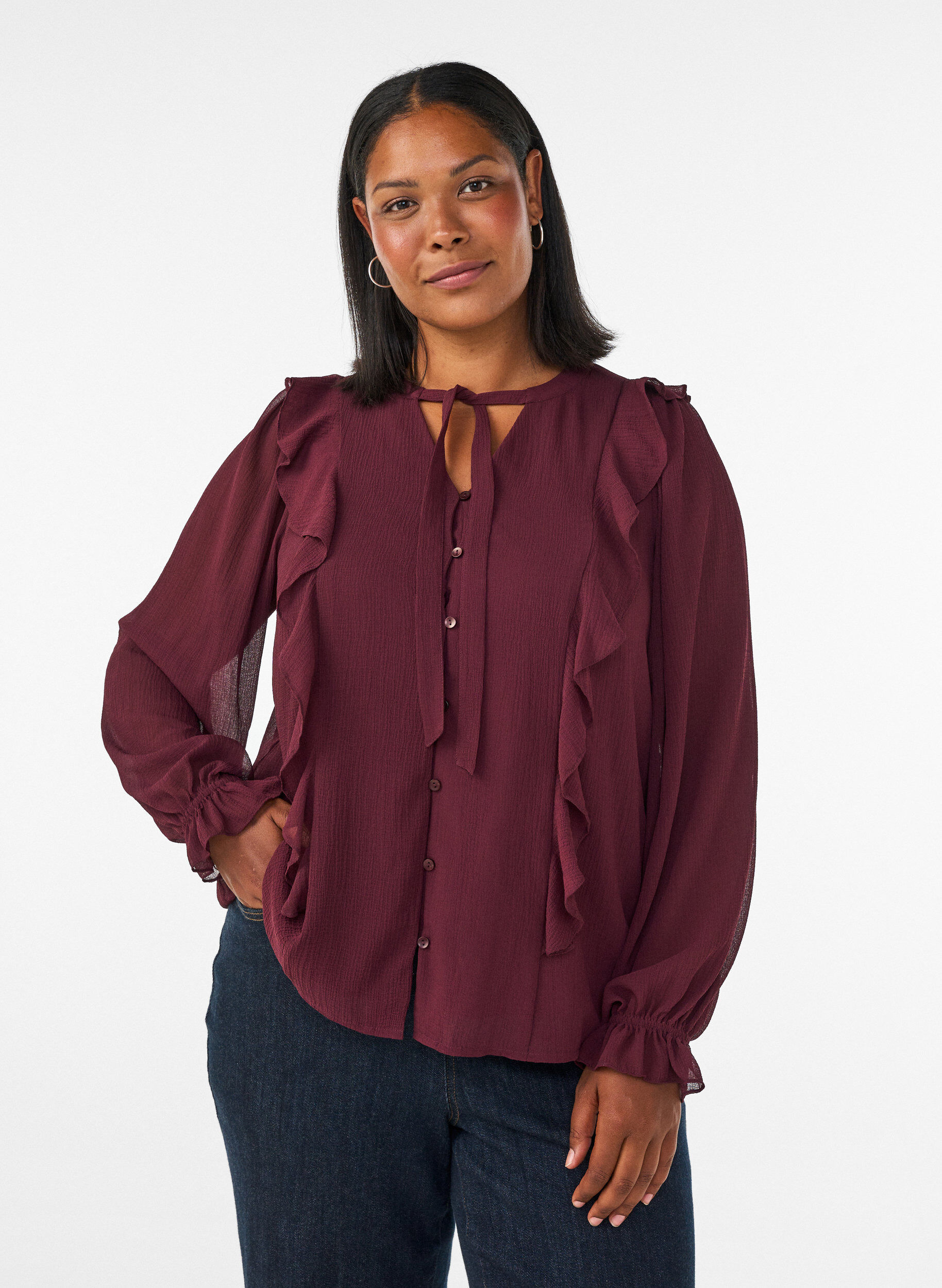 ZizziBlouse transparente avec volants et liens &agrave; nouer, Bordeaux, Model image number 0