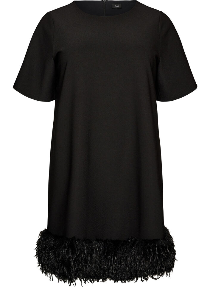 Robe courte en jersey avec finitions en plumes, Noir, Packshot image number 0