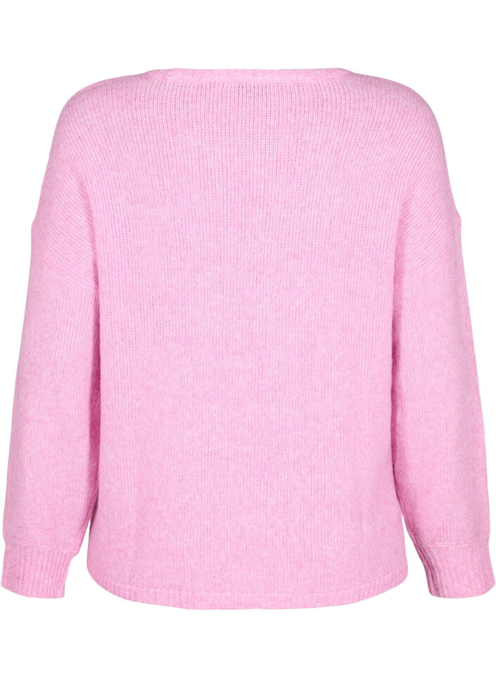Pull en maille à manches longues, contenant de la laine et à col rond, Begonia Pink Mel., Packshot image number 1