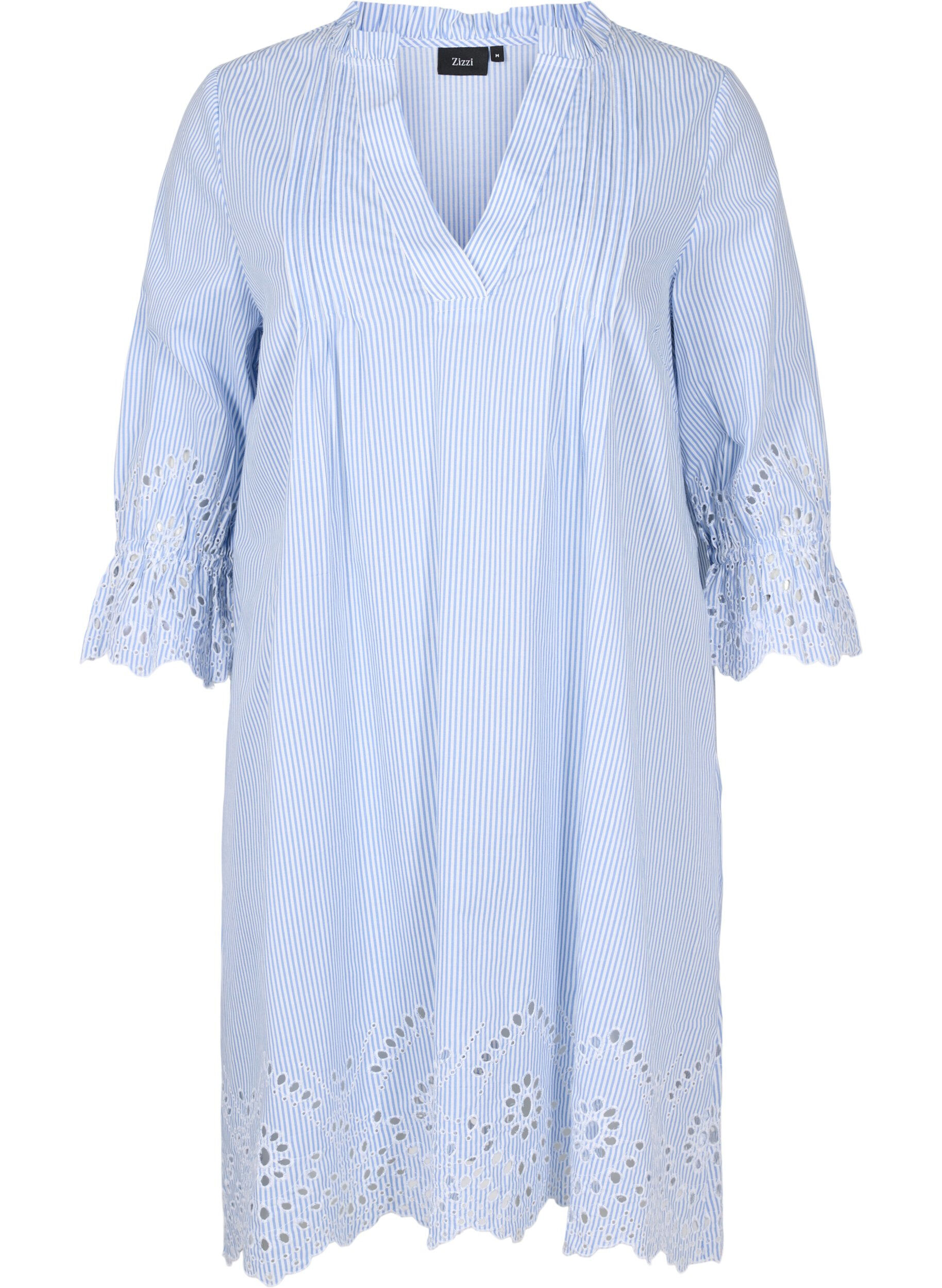 Zizzi Robe en coton avec rayures et broderie anglaise, Blue Stripe, Packshot image number 0