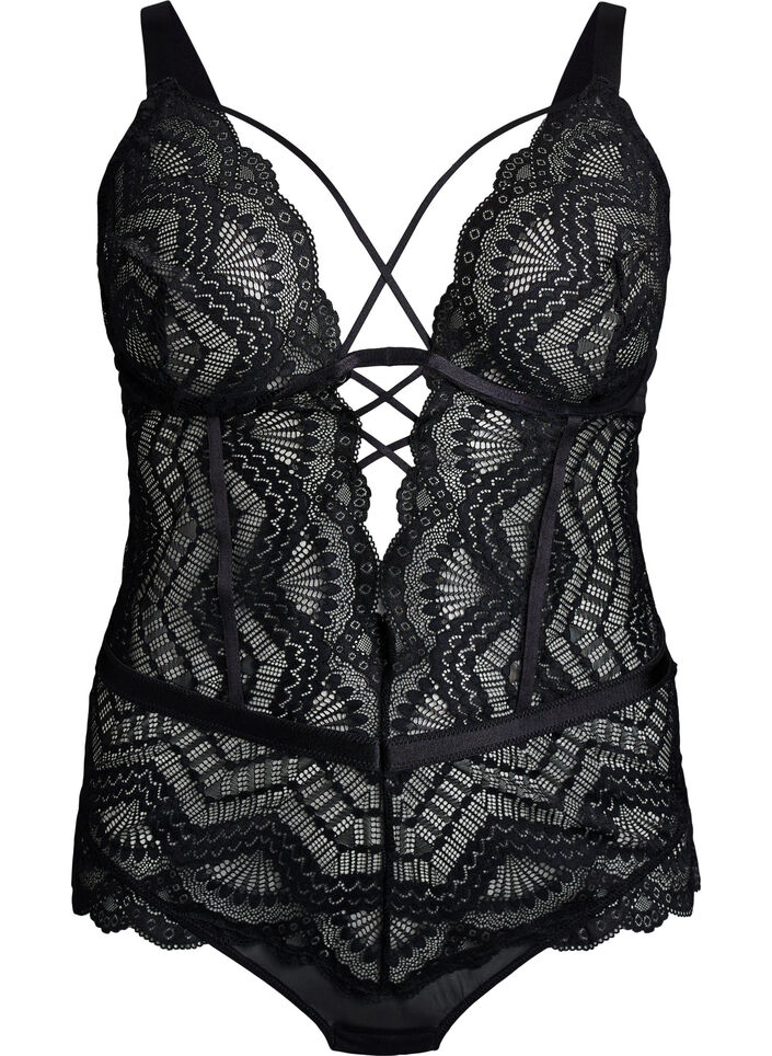 Body en dentelle avec d&eacute;tails lac&eacute;s, Noir, Packshot image number 0