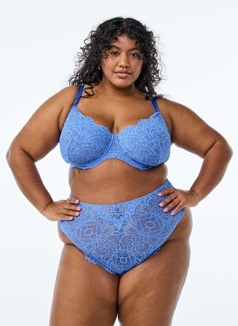 Culotte brésilienne en dentelle avec taille régulière, Bleu, Model image number 0
