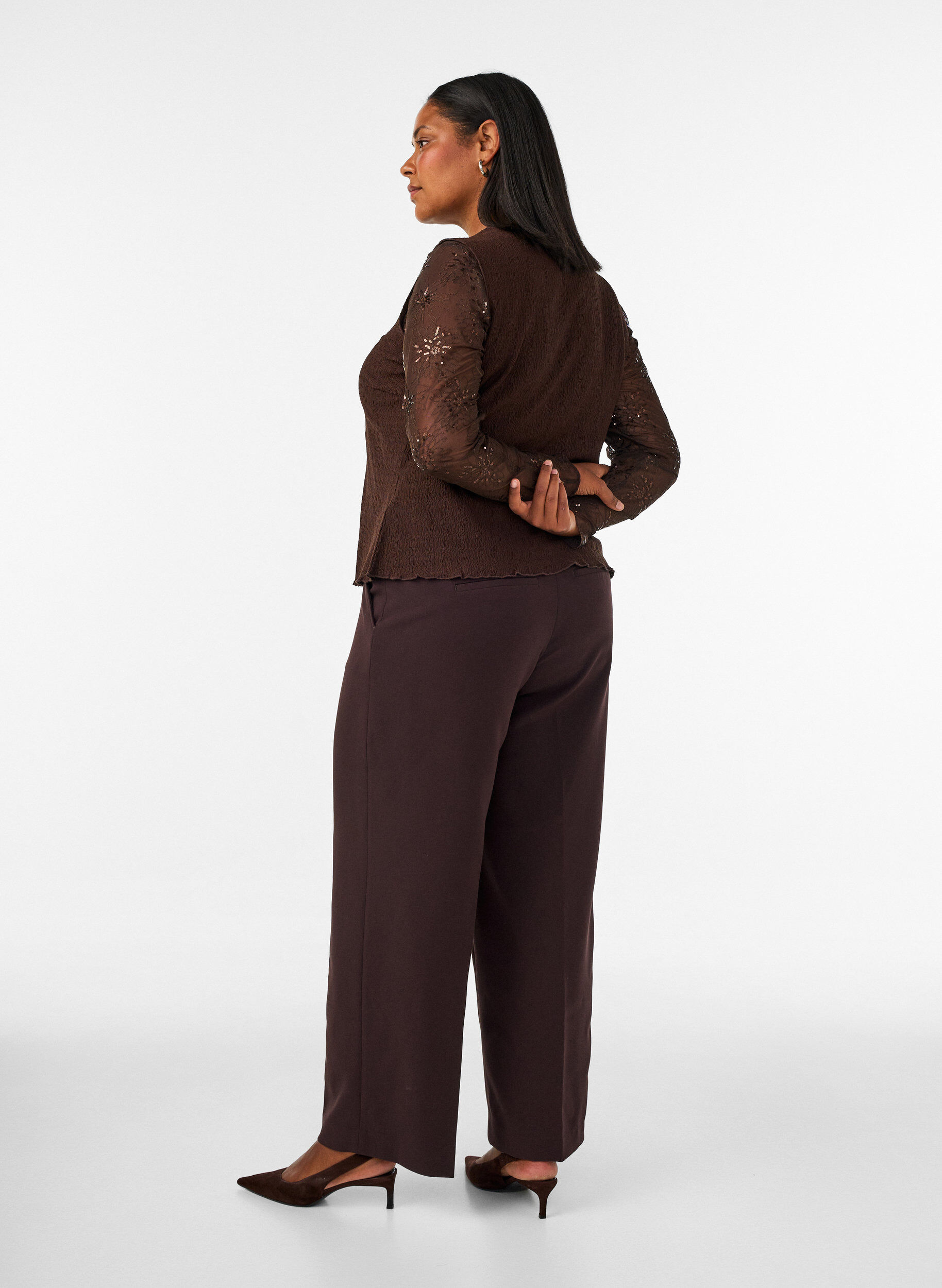 ZizziPantalon tailleur large &agrave; taille haute, Marron, Model image number 1