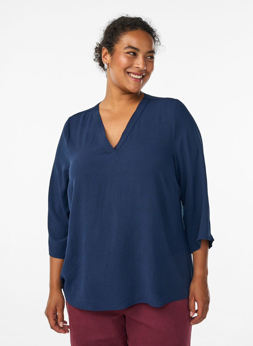 Blouse &agrave; manches 3/4, Bleu, Model image number 0