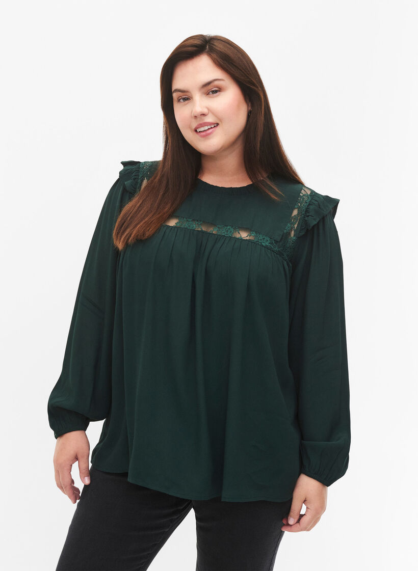 Blouse en viscose avec froufrous et dentelle, Scarab, Model image number 0