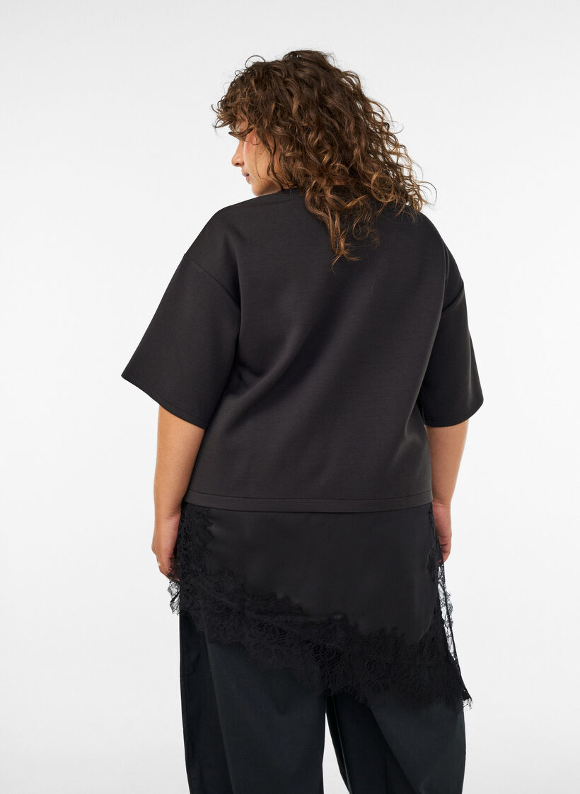 Blouse en jersey avec effet superpos&eacute; et dentelle, Noir, Model image number 2