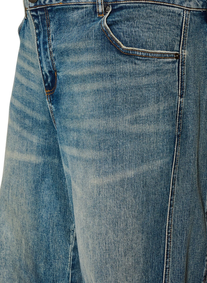 Jean coupe barrel au d&eacute;lavage us&eacute;, Bleu, Packshot