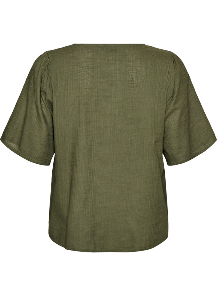 Chemise en coton &agrave; manches courtes avec col V, Vert, Packshot image number 1