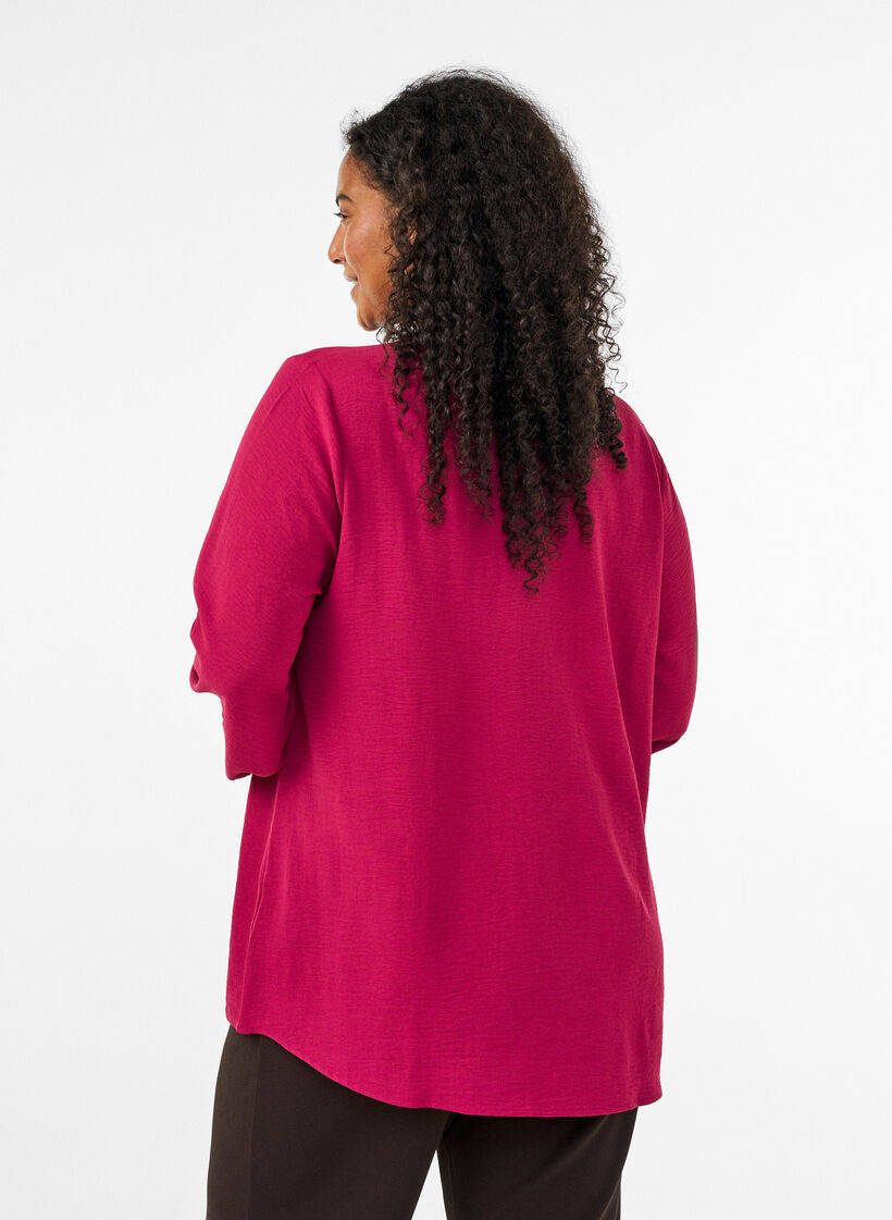 Blouse avec poignets smock&eacute;s et col en V, Bordeaux, Model image number 2