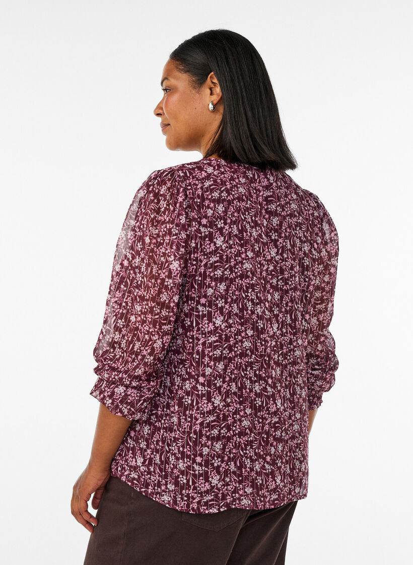 Chemisier &agrave; imprim&eacute; floral et fil paillet&eacute;, Bordeaux, Model image number 2