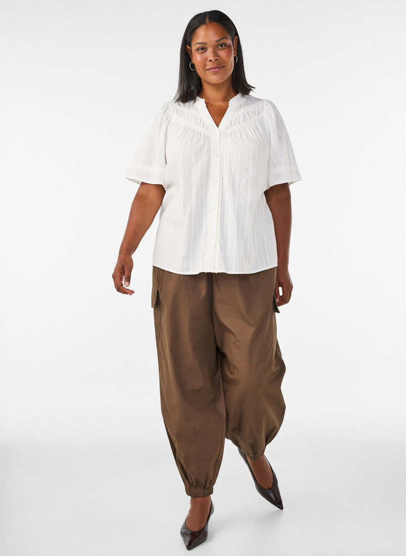 Blouse en coton avec bandes d&eacute;coratives, Vanille, Model image number 1