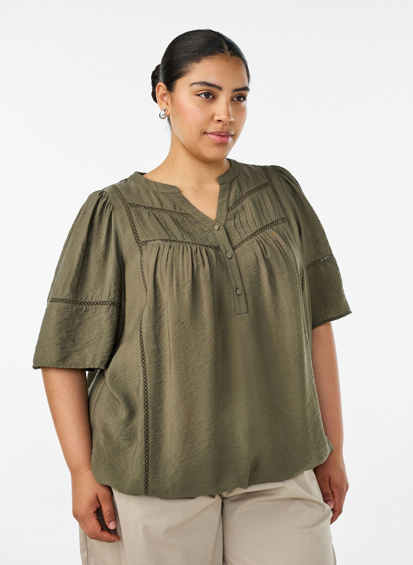 Blouse en viscose avec nervures et effet ballon, Vert Kaki, Model image number 0