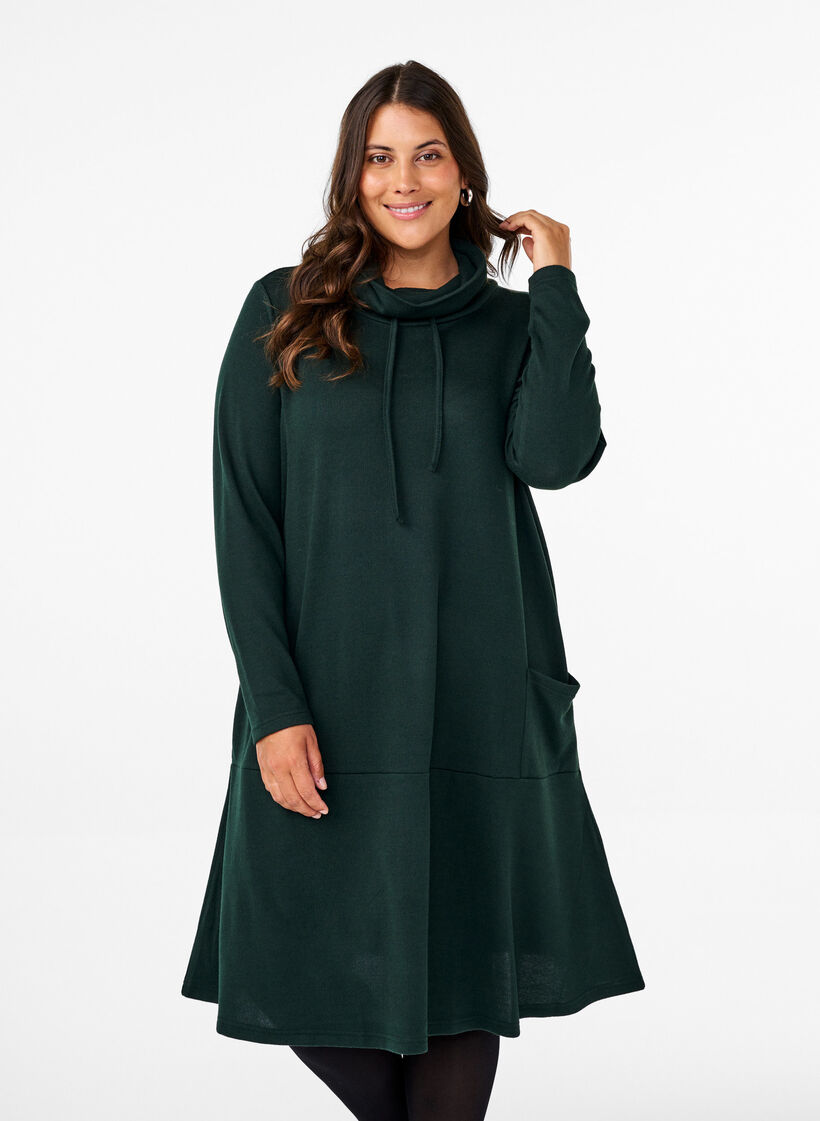 Robe en jersey avec col montant et poches, Vert foncé, Model image number 0