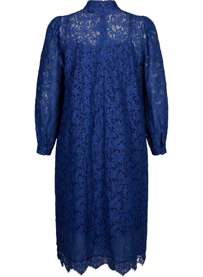 Robe en dentelle à manches longues avec col montant, Estate Blue, Packshot image number 1