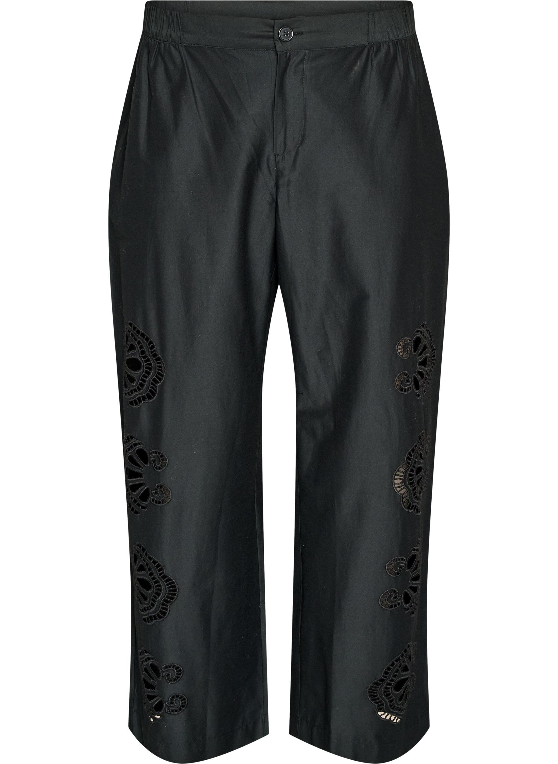 ZizziPantalon en coton avec des d&eacute;coupes brod&eacute;es, Noir, Packshot image number 0