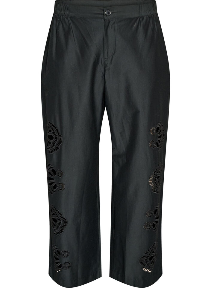 Pantalon en coton avec des d&eacute;coupes brod&eacute;es, Noir, Packshot image number 0