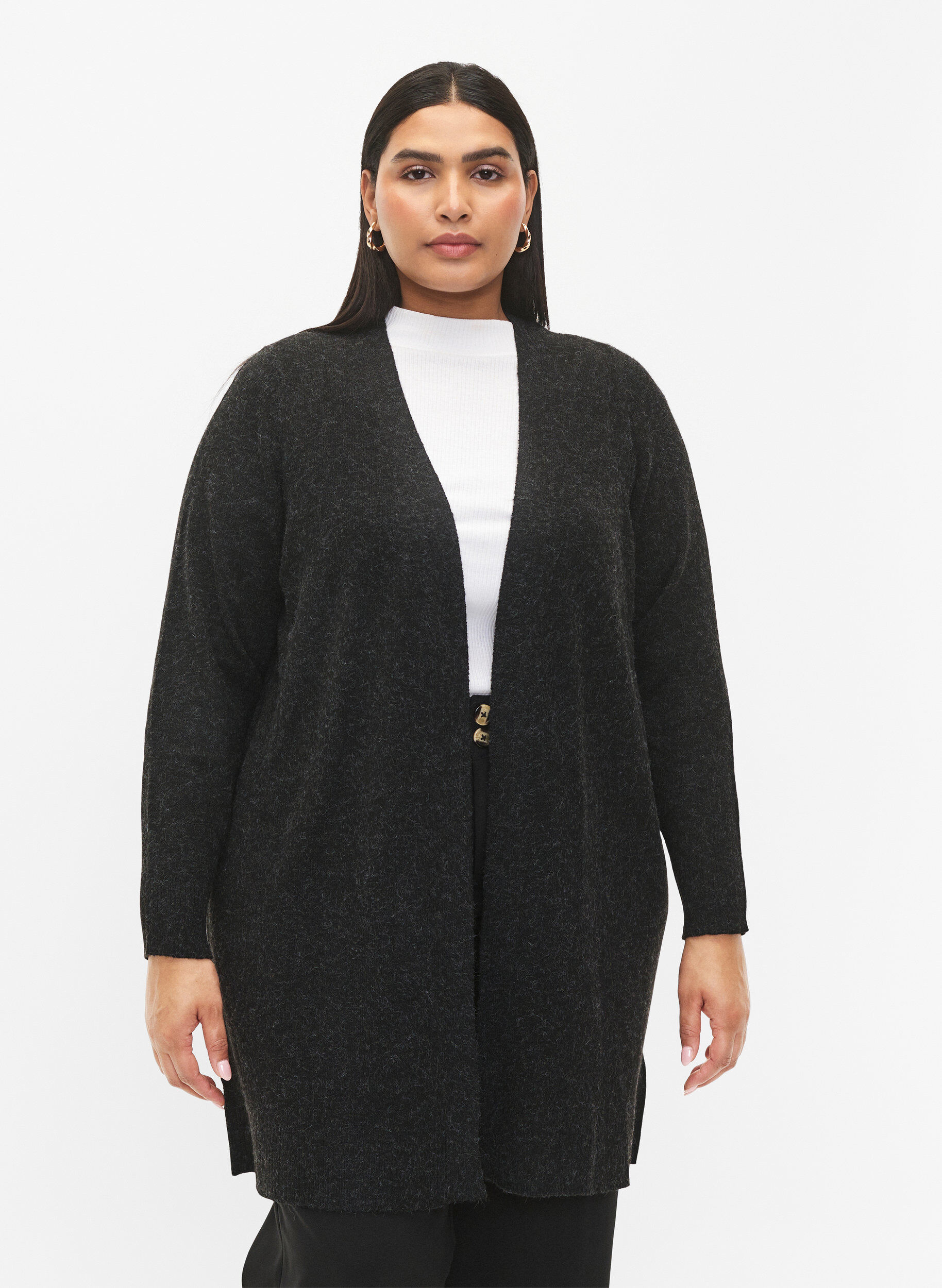 Zizzi Cardigan long ouvert &agrave; l'avant, Dark Grey Melange, Model image number 0