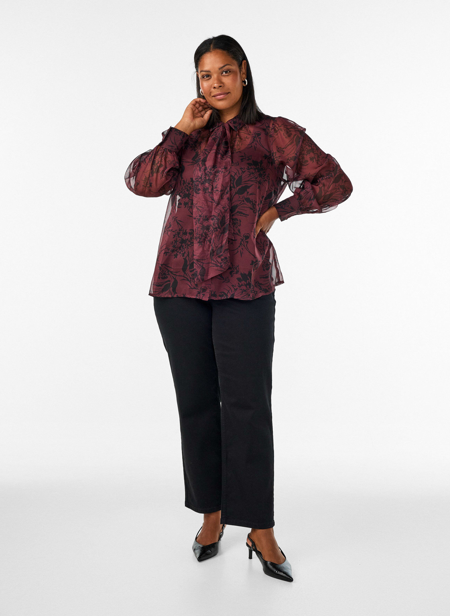 ZizziChemisier transparent avec motif floral et d&eacute;tail &agrave; nouer, Bordeaux fonc&eacute;, Model image number 1