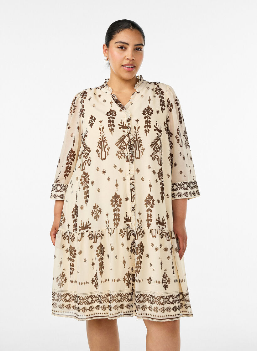 Robe avec imprim&eacute; ornemental et col &agrave; volants, Beige, Model image number 0