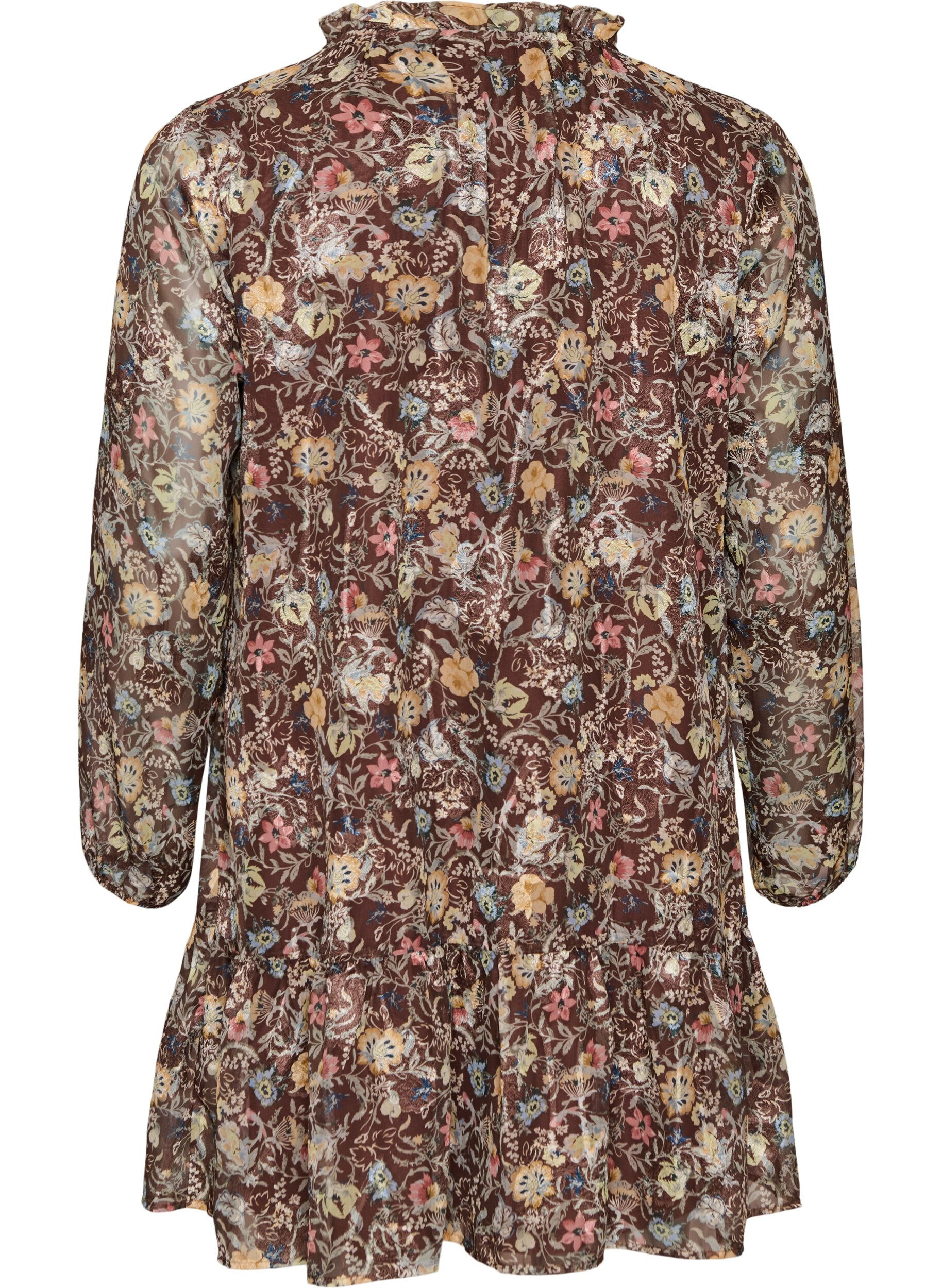 ZizziRobe en mousseline &agrave; imprim&eacute; floral et volants &eacute;tag&eacute;s, Marron, Packshot image number 1